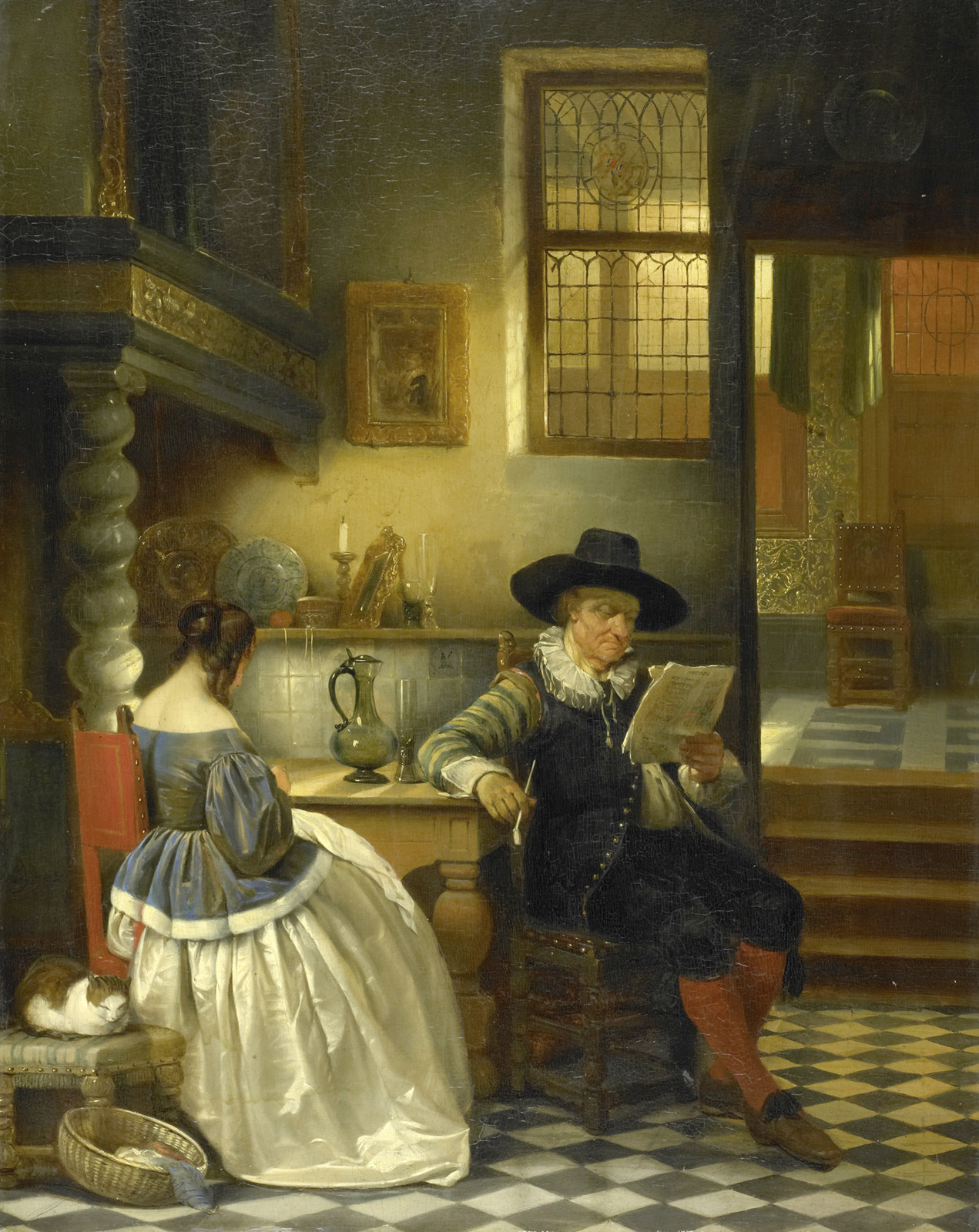 interior with a man and a woman seated at a table